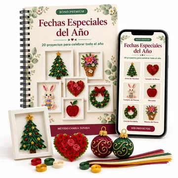Bono 2, Fechas Especiales del Año: el cuaderno, la versión en el celular, un árbol de Navidad enmarcado, un corazón de rosas y esferas navideñas en quilling
