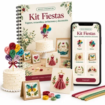 Bono 3, Kit Fiestas: el cuaderno, la versión en el celular, un topper de globos en un pastel, un recuerdito y una invitación en quilling