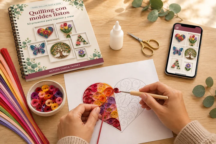 Manos pegando tiras de papel sobre un molde impreso de corazón, junto al libro Quilling con moldes listos y el celular con la app