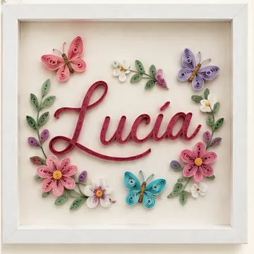 Cuadro con el nombre Lucía en quilling, con flores y mariposas