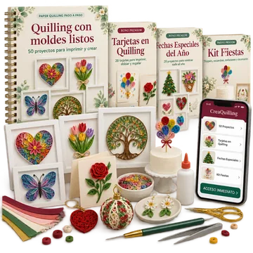 Los cuatro cuadernos (el método y los 3 bonos), el celular con la app CreaQuilling y piezas de quilling: cuadros, aretes y llavero